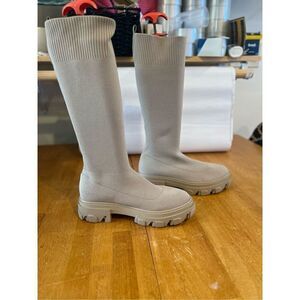Rhea Tan Knee High Chunky Sole Sock Boots Womens SZ 9